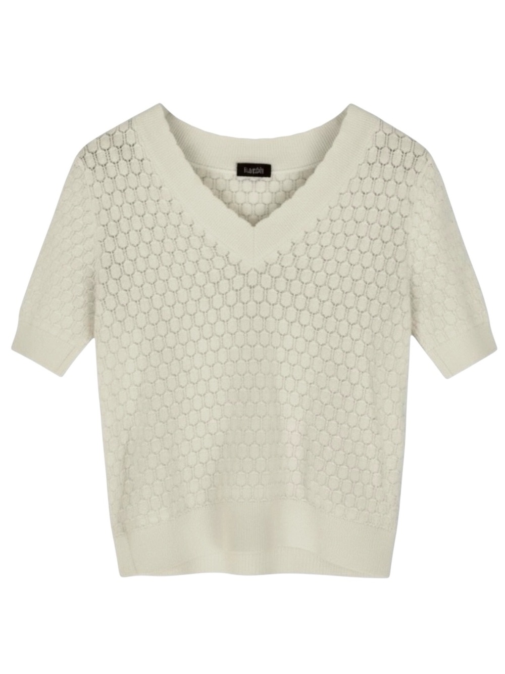 KappAhl Swedish Brand Ivory Open Knit XL Cotton V-Neck Short Sleeve Textured Top